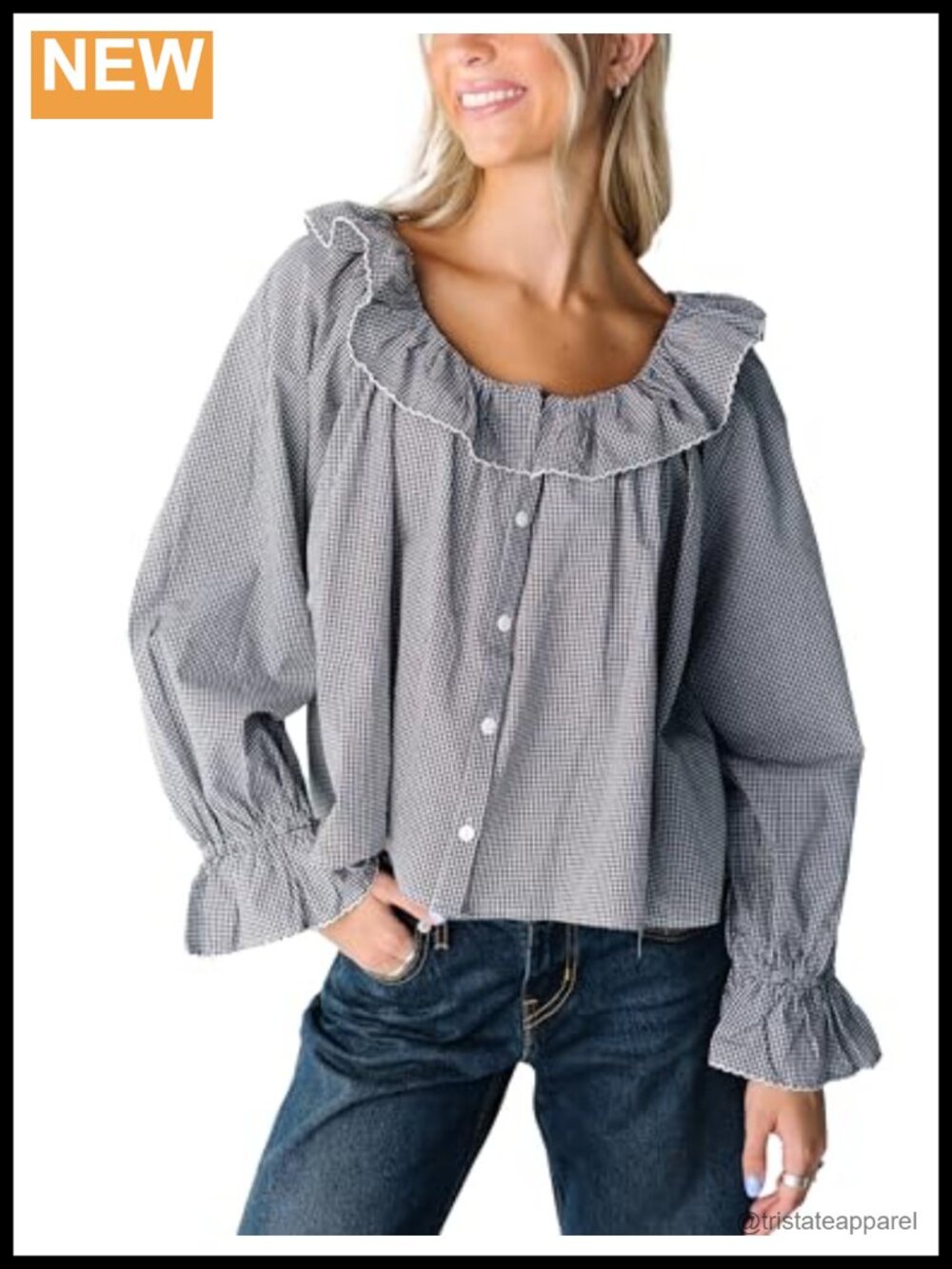 Womens Long Sleeve Cotton Gingham Ruffle Button Down Blouse